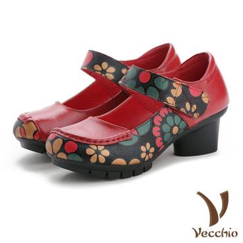【VECCHIO】娃娃鞋 粗跟娃娃鞋/真皮頭層牛皮俏麗花朵印花拼接粗跟娃娃鞋 紅