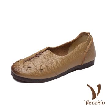 【VECCHIO】低跟鞋 低跟單鞋/全真皮頭層牛皮手工繡線舒適低跟單鞋 卡其