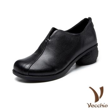 【VECCHIO】跟鞋 粗跟鞋/真皮頭層牛皮復古深口百搭粗跟鞋 黑