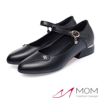 【MOM】跟鞋 低跟鞋/真皮細緻牛皮十字水鑽釦繫帶造型低跟鞋 黑