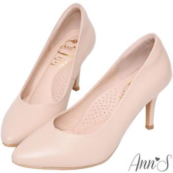 Ann’S舒適療癒系-V型美腿綿羊皮尖頭跟鞋-粉杏