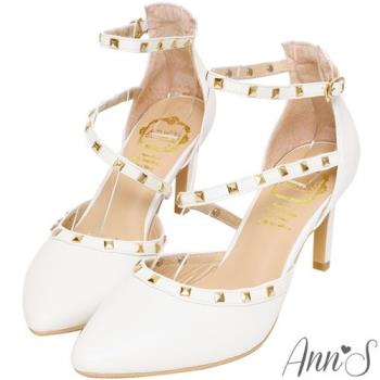 Ann’S頂級小羊皮性感斜帶鉚釘尖頭細高跟鞋-白