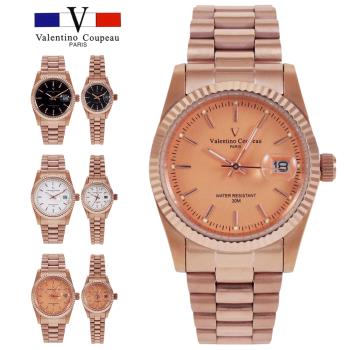 【Valentino Coupeau】玫瑰金細針不鏽鋼殼帶男女手錶 范倫鐵諾 古柏