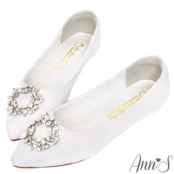 Ann’S祕密花園-白蕾絲鑽石花圈平底婚鞋