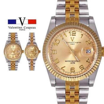 【Valentino Coupeau】數字金銀雙色帶不鏽鋼殼帶男女手錶 范倫鐵諾 古柏