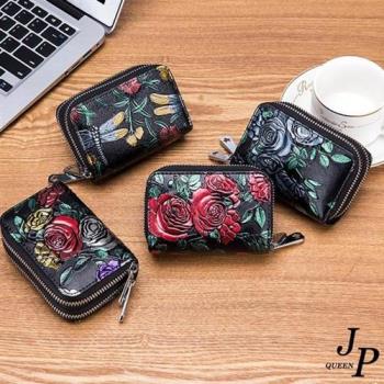 【Jpqueen】精緻彩繪玫瑰花牛皮防盜刷短款風琴包卡包(4款可選)