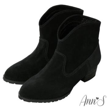 Ann’S美式風格-3M防水牛皮麂皮V口顯瘦粗跟西部短靴-黑(版型偏小)