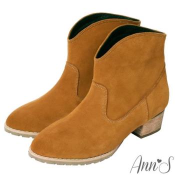 Ann’S美式風格-3M防水牛皮麂皮V口顯瘦粗跟西部短靴-棕(版型偏小)
