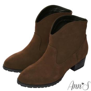 Ann’S美式風格-3M防水牛皮麂皮V口顯瘦粗跟西部短靴-咖(版型偏小)