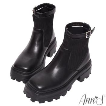 Ann’S流行回歸-貼腿飛織兩穿可拆扣帶厚底方頭軍靴短靴-黑
