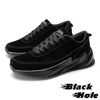 【Black Hole】運動鞋 厚底運動鞋/個性浪花大底造型絨面皮革拼接厚底運動鞋-男鞋 黑