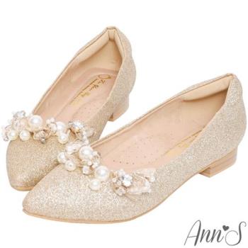 Ann’S香檳貴氣-手工蕾絲紗珍珠平底尖頭婚鞋