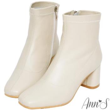 Ann’S纖細小姐姐-小羊皮方頭低跟塑身短靴-米白