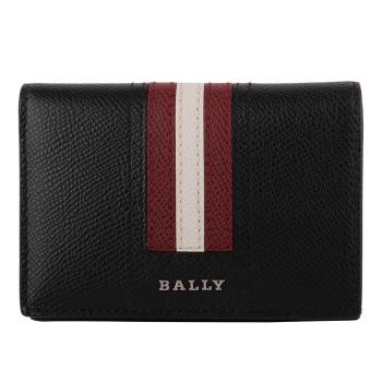 BALLY-Tyrek 金屬銀字紅白條槓防刮皮革名片夾(黑)