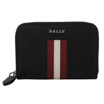 BALLY - 金屬銀字紅白條槓防刮皮革卡夾/零錢包(黑)