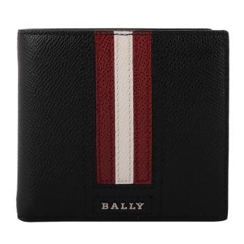 BALLY-TEISELLT 金屬銀字紅白條槓防刮皮革短夾(黑)