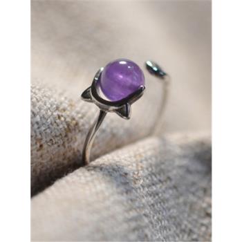 S925銀貓咪造型天然紫晶開口戒指