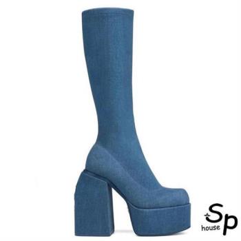 【Sp house】硬派牛仔布歐美粗高跟厚底性感長靴(藍色)