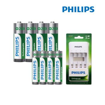 【Philips 飛利浦】低自放鎳氫充電電池3號4入+4號4入(贈USB 4槽智慧型充電器)