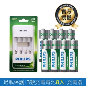 【Philips 飛利浦】低自放鎳氫充電電池3號8入(贈USB 4槽智慧型充電器)