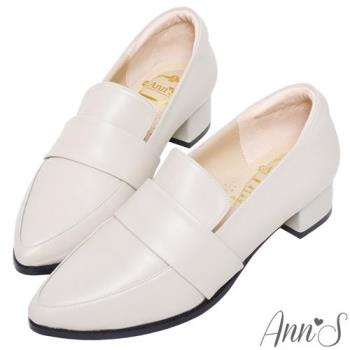 Ann’S時髦復古2.0-頂級綿羊皮韓系粗跟紳士休閒便鞋-米白