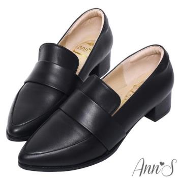Ann’S時髦復古2.0-頂級綿羊皮韓系粗跟紳士休閒便鞋-黑