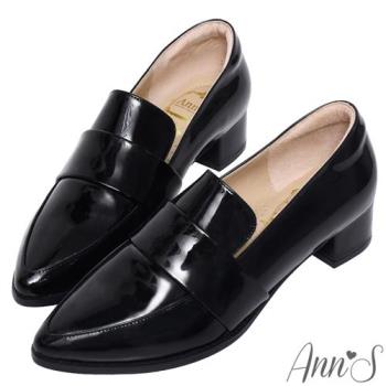 Ann’S時髦復古2.0-頂級綿羊皮韓系粗跟紳士休閒便鞋-漆皮黑