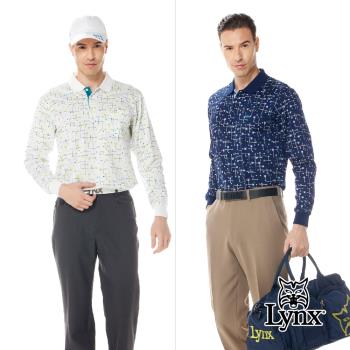 【Lynx Golf】男款純棉雙絲光羅紋領繽紛山貓星球花色胸袋款長袖POLO衫(二色)