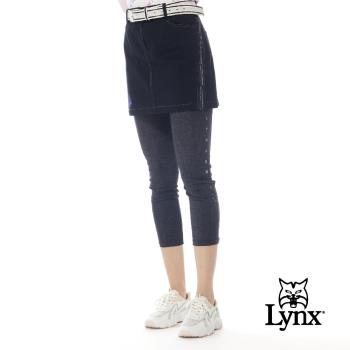 【Lynx Golf】女款日本進口布料彈性舒適丹寧牛仔布反光印花內搭式窄管九分褲-深灰色