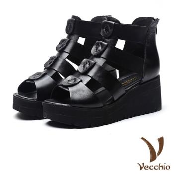 【VECCHIO】涼鞋 羅馬涼鞋/真皮頭層牛皮防水台坡跟魚嘴羅馬涼鞋 黑