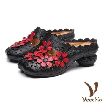 【VECCHIO】拖鞋 粗跟拖鞋/真皮復古撞色小花縷空花邊包頭粗跟拖鞋 黑