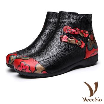 【VECCHIO】短靴 坡跟短靴/真皮復古民族風印花拼接坡跟短靴 黑