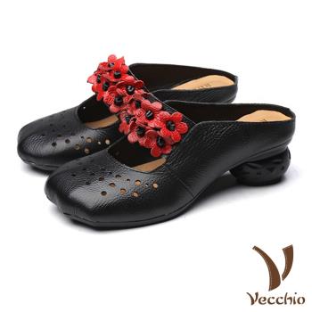 【VECCHIO】拖鞋 包頭拖鞋/真皮舒適寬楦縷空沖孔立體花朵一字帶造型包頭拖鞋 黑