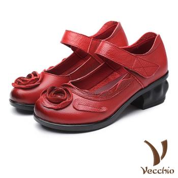 【VECCHIO】涼鞋 粗跟涼鞋/真皮手工立體花朵造型魔鬼粘粗跟涼鞋 紅