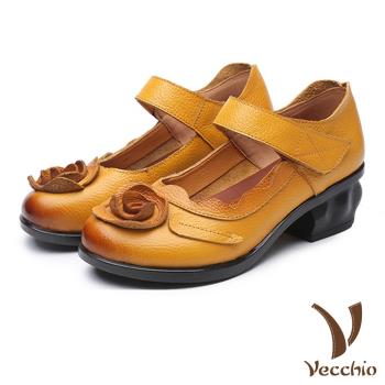 【VECCHIO】涼鞋 粗跟涼鞋/真皮手工立體花朵造型魔鬼粘粗跟涼鞋 黃