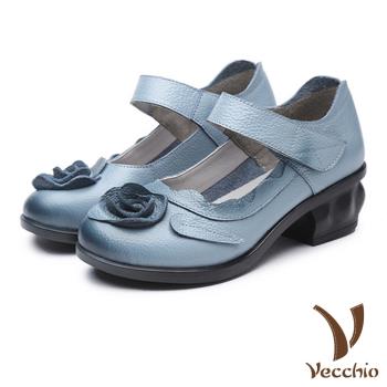 【VECCHIO】涼鞋 粗跟涼鞋/真皮手工立體花朵造型魔鬼粘粗跟涼鞋 藍