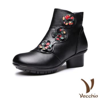 【VECCHIO】短靴 粗跟短靴/真皮復古民族風復古花朵圓釦造型粗跟短靴 黑
