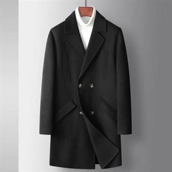 【巴黎精品】毛呢外套中長版大衣-羊毛雙排扣純色雙面呢男外套3色p1ac19
