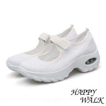 【HAPPY WALK】娃娃鞋 休閒娃娃鞋/彈力透氣飛織魔鬼粘機能氣墊休閒娃娃鞋 白