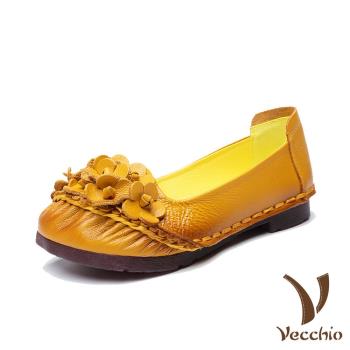 【VECCHIO】低跟鞋 低跟單鞋/真皮頭層牛皮手工立體串花舒適低跟單鞋 黃