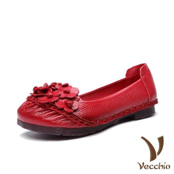 【VECCHIO】低跟鞋 低跟單鞋/真皮頭層牛皮手工立體串花舒適低跟單鞋 紅