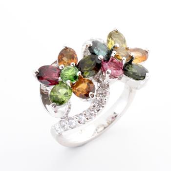 【寶石方塊】天然多彩碧璽戒指-925銀飾-如花如錦