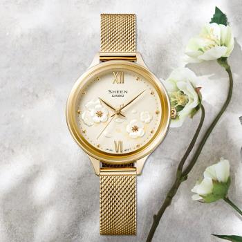 CASIO 卡西歐 SHEEN 冬季花卉 優雅時尚米蘭帶石英女錶 SHE-4551GM-9A