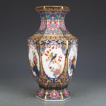 乾隆琺瑯彩六方瓶仿古瓷器花瓶