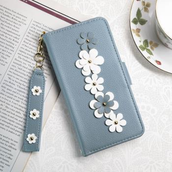Aguchi 亞古奇 Apple iPhone 11 (6.1吋) 花語 鉚釘立體花朵手機皮套 頂級柔軟皮革 附皮質璀璨吊飾 - 蔚藍