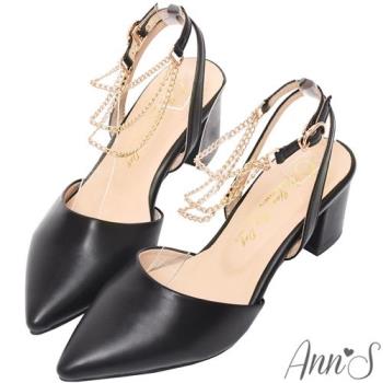 Ann’S優雅心動-腳鍊造型金鍊粗跟尖頭鞋5.5cm-黑(版型偏小)