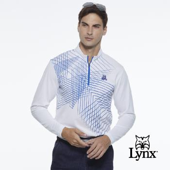 【Lynx Golf】男款吸濕排汗科技線條感山貓繡花長袖立領POLO衫(二色)