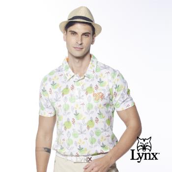 【Lynx Golf】男款吸濕排汗混紡網眼材質滿版樹葉圖樣印花短袖POLO衫/高爾夫球衫(二色)