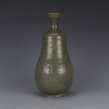 仿古瓷器花瓶宋耀州窯青釉刻鳳盤口瓶花瓶