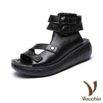 【VECCHIO】涼鞋 厚底涼鞋/真皮個性V字線條雙皮帶釦造型厚底涼鞋 黑